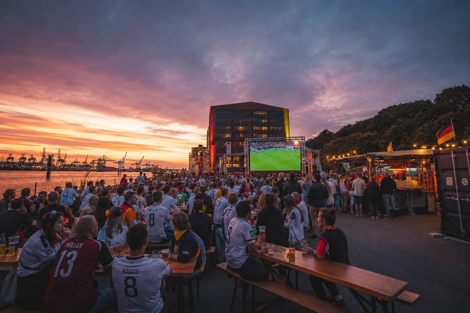 Besucher beim Public Viewing an der Großen Elbstraße in Hamburg mit Leinwand, Elbblick und Abendhimmel