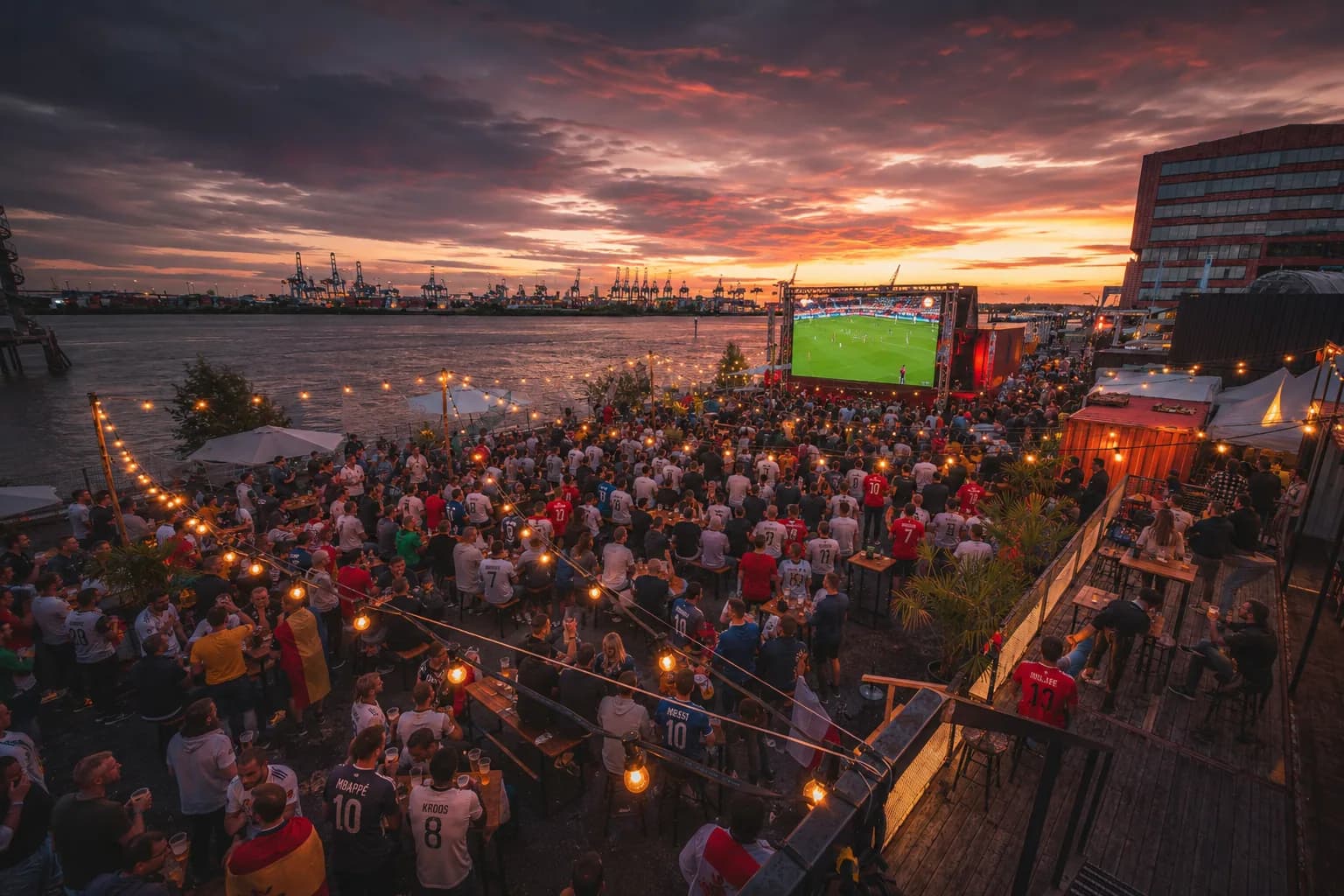 Public Viewing Hamburg zur WM 2026 am Hafen bei Sonnenuntergang mit großer Leinwand und Blick auf die Elbe