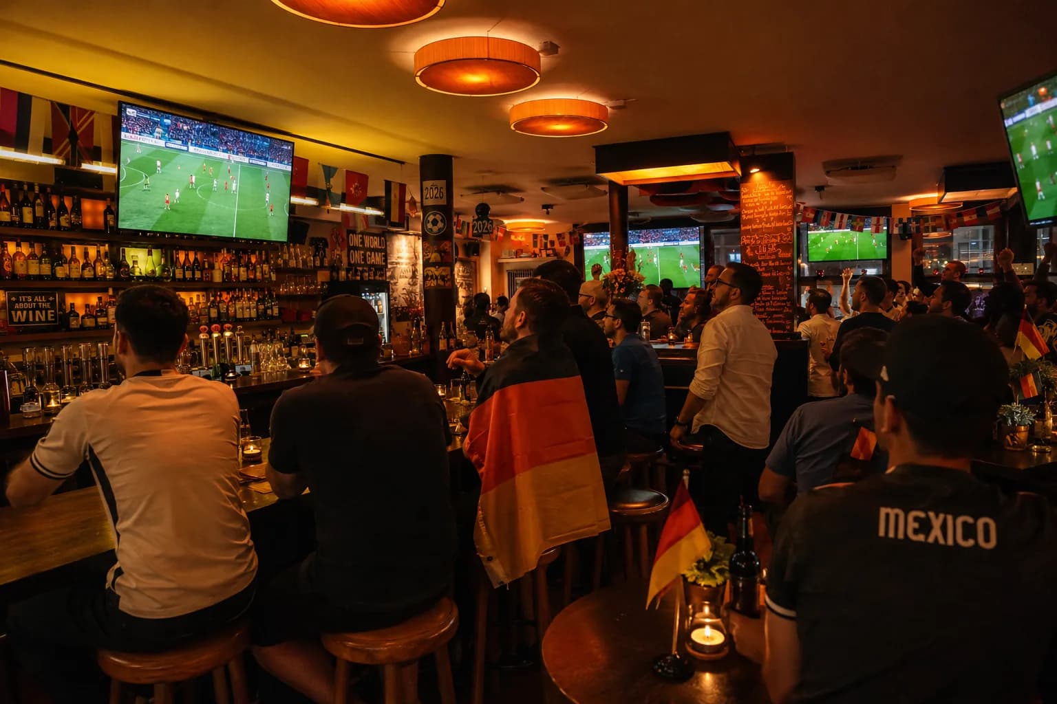 Public Viewing im Südhang in der Hamburger Schanze mit voller Weinbar, mehreren Fußball-Screens und warmem Barlicht
