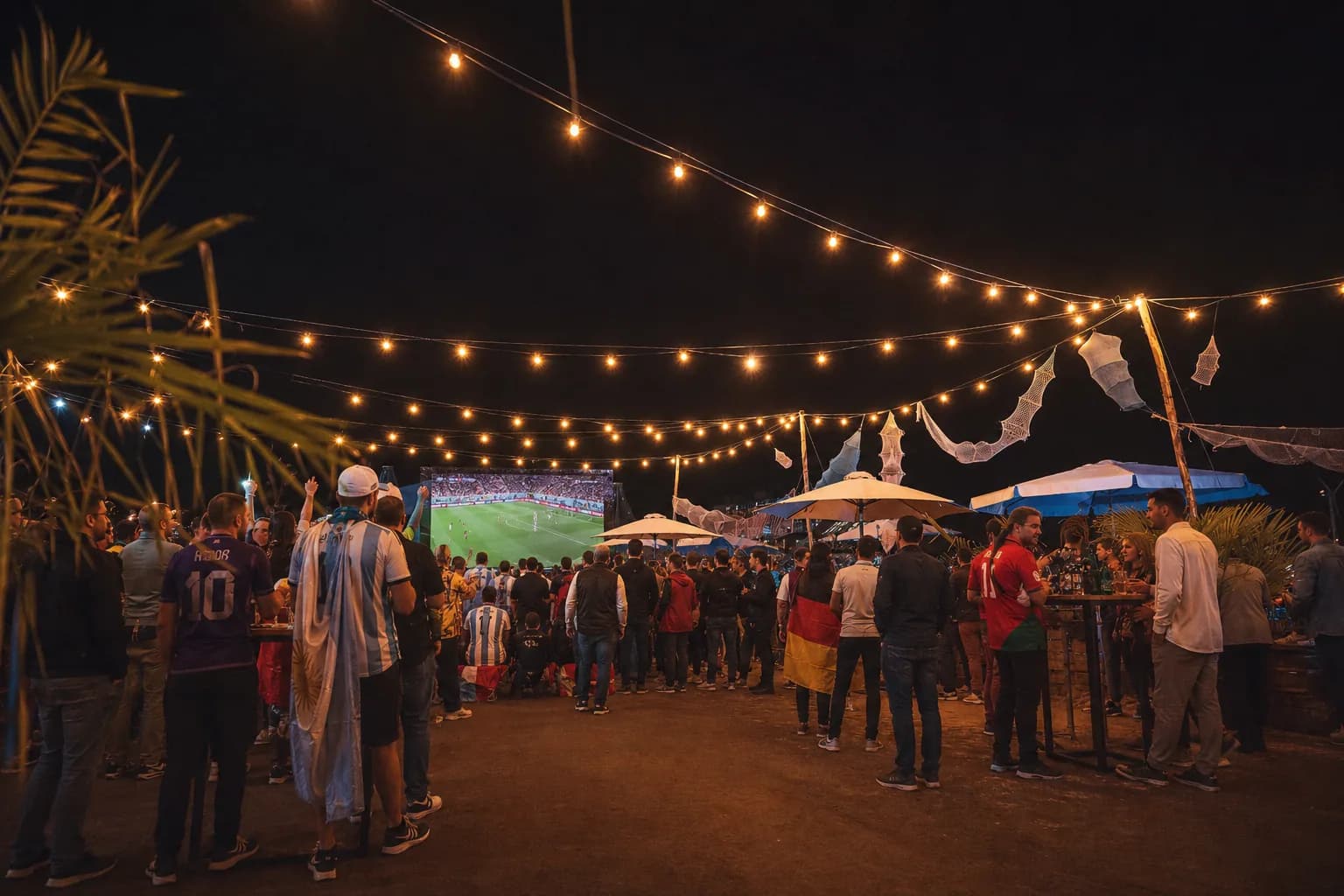 Open-Air Public Viewing Hamburg bei Nacht mit Lichterketten, Fans und großer Fußball-Leinwand